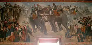 Elephant battle between Naresuan and Mingyi Swa as wall murals in Phra Ubosot, Wat Suwan Dararam, Ayutthaya.