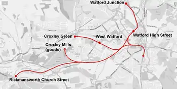 Line arcing south-west from Watford Junction to Rickmansworth, with two northbound branches to Croxley Green and Croxley Mills