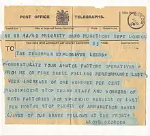 Telegram of 21&nbsp;June 1916 from David Lloyd George, Minister of Munitions, to Joseph Watson, Chairman of Barnbow Amatol shell-filling factory.