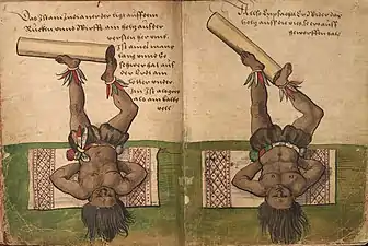 Das Ist ain Indianer der ligt auff dem Rucken, vnnd Wirfft ain holtz aus der versten heraus, Ist aines mans lang vnnd so schwer hat auf der Erdt ain lötter vnder Im Ist als gros als ain kalbs vell p.&nbsp;8-9