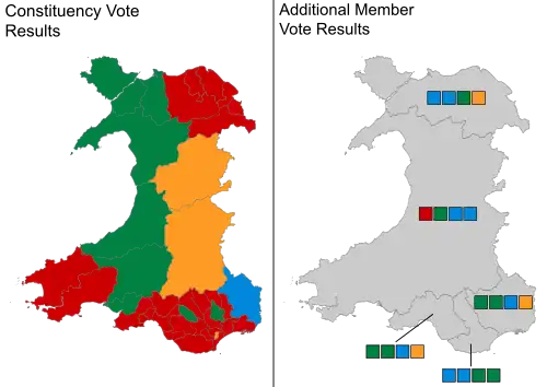 A map showing the constituency winners of the election by their party colours.