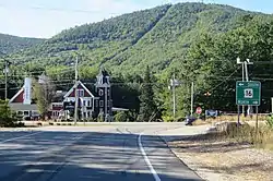 Intersection of NH 16 and NH 41 in West Ossipee. Nickerson Mountain, site of former Mt. Whittier Ski Area, rises in background.