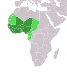 Map of the African continent, with green highlights around the lower western peninsular