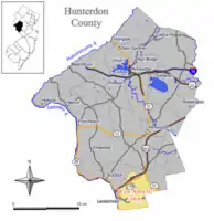 Map of West Amwell Township in Hunterdon County. Inset: Location of Hunterdon County highlighted in the State of New Jersey.