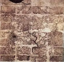 An early Western Han dynasty silk map found in tomb 3 of Mawangdui, depicting the Kingdom of Changsha and Kingdom of Nanyue in southern China (note: the south direction is oriented at the top).