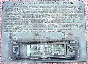 Western Plaza plaque describing the history and features of  Plaza and of the L'Enfant Plan. The plaque's engraved illustration identifies the locations of the Plaza's major elements. (2006)