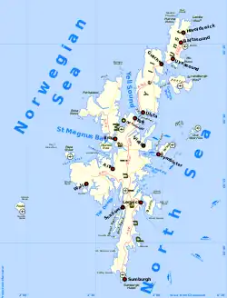 A map of Shetland. The main islands lie on a north-south axis, with the Norwegian Sea to the north and west and the North Sea to the south and east.