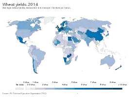 Average wheat yields, measured in tonnes per hectare in 2014.