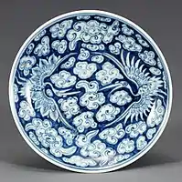 Porcelain dish with cloud and crane design