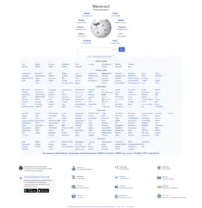 Screenshot of Wikipedia's web portal showing the different languages alphabetically sorted by article count