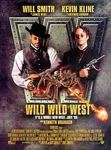 Two 19th century gentlemen (an African American and a Caucasian) each wielding guns and behind a gigantic metallic "W" are facing the viewer. Beneath them is a giant flame-spewing mechanical spider, the film's title and credits.