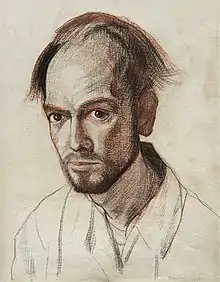 A 1967 self-portrait of and by William Utermohlen. He has an angular face with a high forehead, and he wears a short beard.