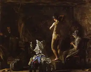 William Rush Carving his Allegorical Figure of the Schuylkill River by Thomas Eakins, 1876–77, oil on canvas (mounted on Masonite), 20 1/8 x 26 1/8&nbsp;inches (51.1 x 66.4&nbsp;cm), Philadelphia Museum of Art.