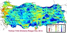 Average annual wind speeds at 50 m above ground, showing that the north-west corner of Anatolia has the best potential.