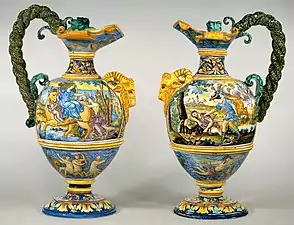 Pair of wine jugs, c. 1685, 56&nbsp;cm high. François Chauveau's Rape of Europa is again used (left).