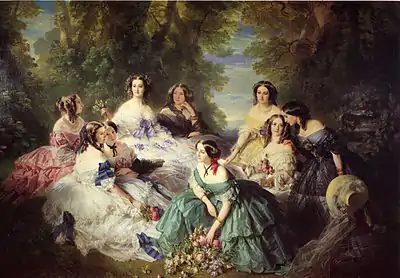 The Empress Eugenie Surrounded by her Ladies in Waiting, by Franz Xaver Winterhalter, 1855, oil on canvas, 300 x 402 cm, Château de Compiègne, Compiègne, France
