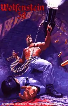 Shirtless man standing over body of Nazi soldier while firing gun