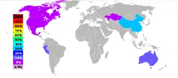 World map revealing that about 40% of zinc is produced in China, 20% in Australia, 20% in Peru, and 5% in US, Canada and Kazakhstan each.