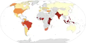Map showing self-reported religiosity by country. Based on a 2015 worldwide survey by Pew.