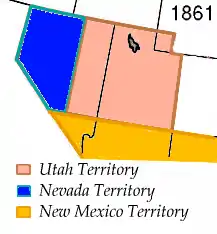 Image 40The Nevada 1861 territory boundary (blue) changed three times: 1864 statehood shifted eastern border from 39th to 38th meridian, 1866 May 5; east border (pink) moved eastward 53.3 mi (85.8 km), from the 38th to 37th meridian, and 1867 January 18; south boundary (yellow) moved from the 37th parallel north southward to the current boundary (14 Stat. 43) (from History of Nevada)