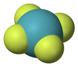 A model of planar chemical molecule with a blue center atom (Xe) symmetrically bonded to four peripheral atoms (fluorine).