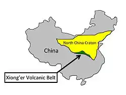 Figure 1: This figure shows the Xiong'er Volcanic Belt in green on the southern edge of the North China craton