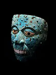 The Mask of Xiuhtecuhtli; 1400–1521; cedrela wood, turquoise, pine resin, mother-of-pearl, conch shell, cinnabar; height: 16.8&nbsp;cm (6.6&nbsp;in), width: 15.2&nbsp;cm (6.0&nbsp;in); British Museum (London)