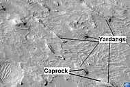 Yardangs with caprock labeled, in Aeolis (HiRISE)