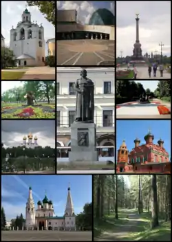 Centre: Monument to Yaroslav the Wise;Outer ring clockwise, from top left: Belfry tower of the Spaso-Preobrazhensky Monastery, Yaroslavl planetarium, Millennium of Yaroslavl Monument, The Trinity monument in Strelka Park, Church of the Epiphany, Tveritsy Park, St. Elijah the Prophet's Church, Wooden Town (former Kremlin), Topiary of Yaroslavl Coat of arms