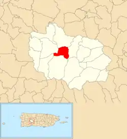 Location of Yayales barrio within the municipality of Adjuntas shown in red