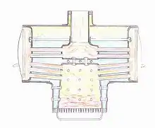 Transverse section through the boiler, showing the central firebox, tubes outwards and return tubes back to the smokebox.