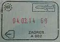 Exit stamp for air travel, issued at Zagreb Airport.