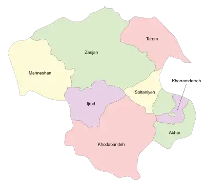 Location of Abhar County in Zanjan province (right, green)