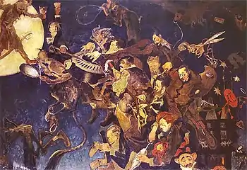 Caricature: At the Green Balloon; 1908, oil on canvas, 147 × 204&nbsp;cm, Adam Mickiewicz Museum of Literature, Warsaw.