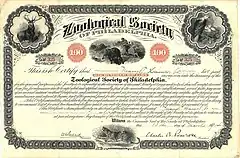 5% Fund for $100 of the Zoological Society of Philadelphia, issued March 10, 1914, signed in original by medical doctor, zoologist, and conservationist Charles B. Penrose as president. This certificate also included free tickets to visit the zoo.