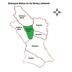 Location of Zubrzyca Dolna within Gmina Jabłonka
