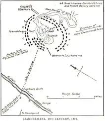 A topographic map drawn of the formation of the battle, it shows a British encampment on the top of a hill completley surrounded by a Zulu army.