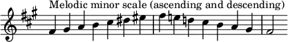 {
\override Score.TimeSignature #'stencil = ##f
\relative c' {
\clef treble \key fis \minor \time 7/4
fis4^\markup "Melodic minor scale (ascending and descending)" gis a b cis dis eis fis e! d! cis b a gis fis2
} }