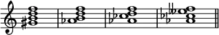 {
\override Score.TimeSignature
#'stencil = ##f
\relative c'' {
\time 4/4
<gis b d f>1 <aes b d f> <aes ces d f> <aes ces eses f> \bar "||"
}
}