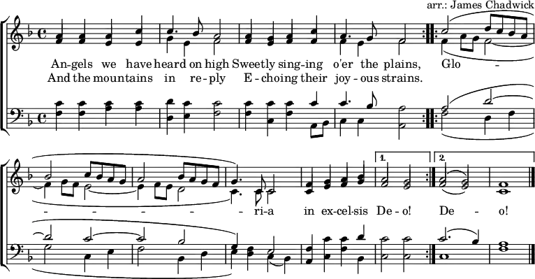 \header { tagline = ##f arranger = "arr.: James Chadwick" }
\layout { indent = 0 \context { \Score \remove "Bar_number_engraver" } }
global = { \key f \major \time 4/4 }
verse = \lyricmode {
An -- gels we have heard on high
Sweet -- ly sing -- ing o'er the plains,
\repeat volta 2 { Glo -- ri -- a in ex -- cel -- sis } \alternative { { De -- o! } { De -- o! } }
}
verseR = \lyricmode {
And the moun -- tains in re -- ply
E -- cho -- ing their joy -- ous strains.
}
soprano = \relative c'' { \global \set midiInstrument = "flute" \voiceOne
\repeat volta 2 { a4 a a c | c4. bes8 a2
a4 g a c | a4. g8 f2 | }
\repeat volta 2 { c'2 (d8 c bes a |bes2 c8 bes a g | a2 bes8 a g f | g4.) c,8 c2 |
f4 g a bes | } \alternative { { a2 g | } { a2 (g) | f1 \bar "|." } }
}
alto = \relative c' { \global \set midiInstrument = "flute" \voiceTwo
\repeat volta 2 { \stemUp f4 f e e | \stemDown g e f2 |
\stemUp f4 e f f | \stemDown f e f2 | }
\repeat volta 2 { f4 (a8 g f2~ | f4 g8 f e2~ | e4 f8 e d2 | c4.) c8 c2 |
\stemUp c4 e f g | } \alternative { { f2 e | } { f2 (e) | c1 \bar "|." } }
}
tenor = \relative c' { \global \set midiInstrument = "clarinet"
\repeat volta 2 { c4 c c c | d c c2 |
c4 c c c | c4. bes8 a2 | }
\repeat volta 2 { a2 (d~ | d c~ | c bes | g4) f e2 |
f4 c' c d | } \alternative { { c2 c } { c2. (bes4) | a1 \bar "|." } }
}
bass = \relative c { \global \set midiInstrument = "clarinet"
\repeat volta 2 { f4 f a a | d, e f2 |
f4 c f a,8 bes | c4 c a2 | }
\repeat volta 2 { f'2 (d4 f | g2 c,4 e | f2 bes,4 d | e) d c (bes) |
a c f bes, | } \alternative { { c2 c } { c1 | f1 \bar "|." } }
}
\score {
\new ChoirStaff <<
\new Staff
<<
\new Voice \soprano
\addlyrics \verse
\addlyrics \verseR
\alto
>>
\new Staff
<<
\clef bass
\partCombine \tenor \bass
>>
>>
\layout { }
}
\score { \unfoldRepeats { << \soprano \\ \alto \\ \tenor \\ \bass >> }
\midi { \tempo 4=120
\context { \Staff \remove "Staff_performer" }
\context { \Voice \consists "Staff_performer" }
}
}