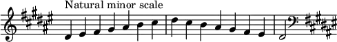 {
\override Score.TimeSignature #'stencil = ##f
\relative c' {
\clef treble \key dis \minor \time 7/4 dis4^\markup "Natural minor scale" eis fis gis ais b cis dis cis b ais gis fis eis dis2
\clef bass \key dis \minor
} }