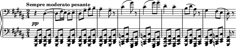
{\new PianoStaff << 
\new Staff  \relative c'
{\clef bass \key gis\minor \set Score.tempoHideNote=##t \time 2/4 \tempo "Sempre moderato pesante"4=46 \override DynamicLineSpanner.staff-padding = #2.5 r4_\pp dis,4 ~(dis8 fis16 e16) dis8-- e8-- dis8-- gis8-- ais8-- b8-- ais4-- gis8-- r8 cis4-- (gis'8) r8 cis,4-- (gis'8) gis8-- dis4-- cis4-- b8 (dis8 ais8) r8 gis4 fis8 (e8 dis8) r8}
\new Staff \relative c{\clef bass \time 2/4 \key gis\minor
\repeat unfold 8{<gis, dis' gis>8-- <b dis b'>8}
\repeat unfold 2 {<a cis a'>8 <cis e cis'>8 <e, gis e'>8 <gis b gis'>8} <fis cis' fis>8 <ais dis ais'>8 <fis ais fis'>8 <ais dis ais'>8  <gis dis' gis>8 <b dis b'>8 <fis ais fis'>8 <ais cis ais'>8 
<gis b gis'>8 <b dis b'>8 <a cis a'>8 <cis e cis'>8 <gis dis' gis>8 r8}
>>}

