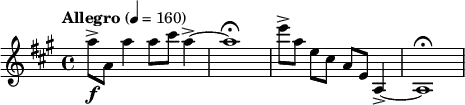  \relative c''' { \clef treble \key a \major \time 4/4 \tempo "Allegro" 4 = 160 a8->\f a, a'4 a8 cis a4->~ | a1\fermata | e'8->[ a,] e[ cis] a[ e] a,4->~ | a1\fermata } 
