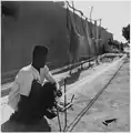 In the village of Niono, a native prepares thread - spun from locally-grown cotton - for weaving,  ca. 1950.