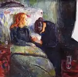 Edvard Munch, The Sick Child, 1907. 3rd in the series  Oil on canvas, 118&nbsp;cm (46&nbsp;in) x 120&nbsp;cm (47&nbsp;in) Thiel Gallery, Stockholm