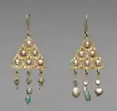Pair of Byzantine earrings; 7th century; gold, pearls, glass and emeralds; 10.2 x 4.5&nbsp;cm; Cleveland Museum of Art (Cleveland)