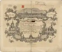 Founder's share of the Actien-Gesellschaft Eisen-Industrie zu Stirum for 1000 Thaler, issued in Styrum on 1 February 1858, made out to Friedrich Grillo in Essen. The stock certificate was signed personally by the members of the board of directors, including Friedrich Grillo, Ernst Nedelmann and Daniel Morian. The iron industry at Stirum, founded by Wilhelm Theodor Grillo, was one of the most important companies in the Ruhr coal district at the time.