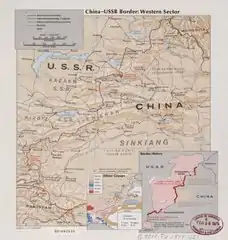 Map of the western China-USSR border showing the Pamir area (41,000&nbsp;km2 (16,000&nbsp;sq&nbsp;mi)) claimed by China. "This section shown as 'Indefinite' on Chinese maps, 'Definite' on Russian maps. Based on 1895 Anglo-Russian treaty." (1977)