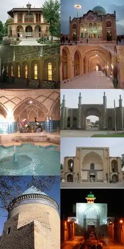 Left: Chahel Stoun Palace, Aminiha Hosseiniyeh, Anthropology Qajar Bath Musume, Tomb of Hamdollah Mostofi, Right: Shazdeh Hosein Shrine, Caravanserai of Sa'd al-Saltaneh, Qazvin Ghadim Gate, Qazvin Jameh Mosque, Al-Nabi Mosque of Qazvin (all items were from above to bottom)