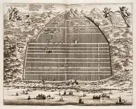 Nieuhof's imaginative 1665 map of "Kanton", made from secondhand accounts when Europeans were still forbidden from entering the walled city